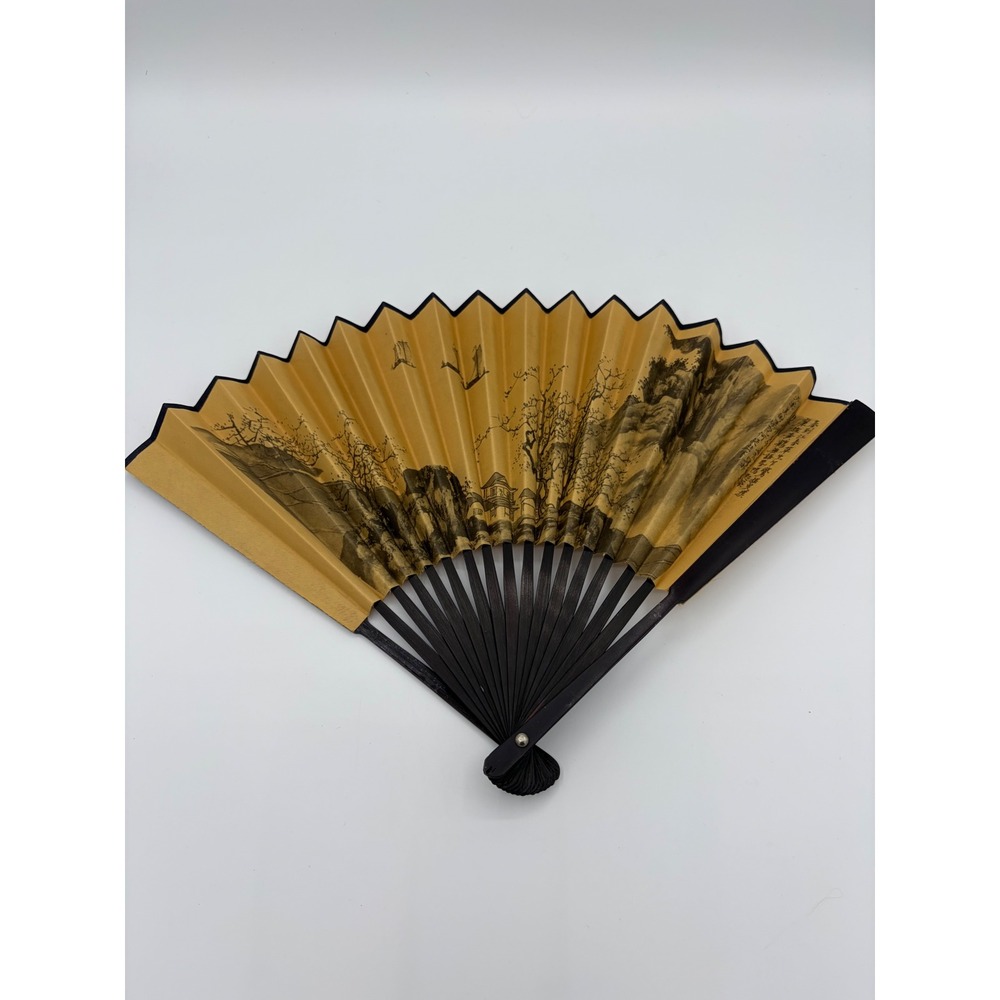 Vintage Chinese Folding Hand Fan Gold Landscape Calligraphy Art Decor 8.25in